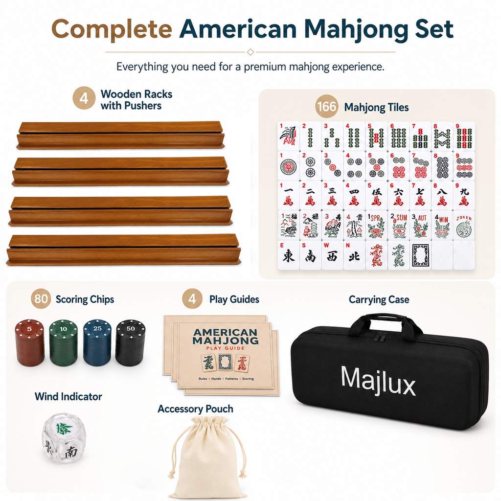 Majlux American Mahjong Set with 166 Scratch-Resistant Mahjong Tiles,4 Instruction, Complete Tile Set with 4 Solid Pine Wood Racks & Magnetic Pushers, Portable Carrying Bag & Full Accessories