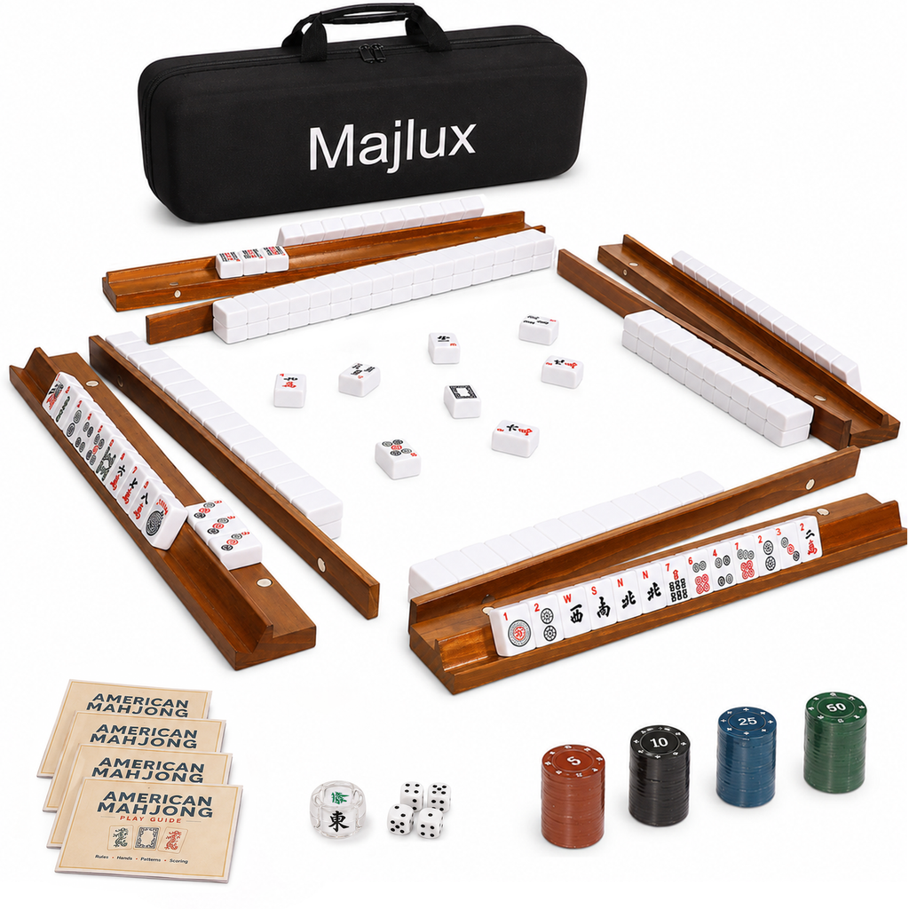 Majlux American Mahjong Set with 166 Scratch-Resistant Mahjong Tiles,4 Instruction, Complete Tile Set with 4 Solid Pine Wood Racks & Magnetic Pushers, Portable Carrying Bag & Full Accessories