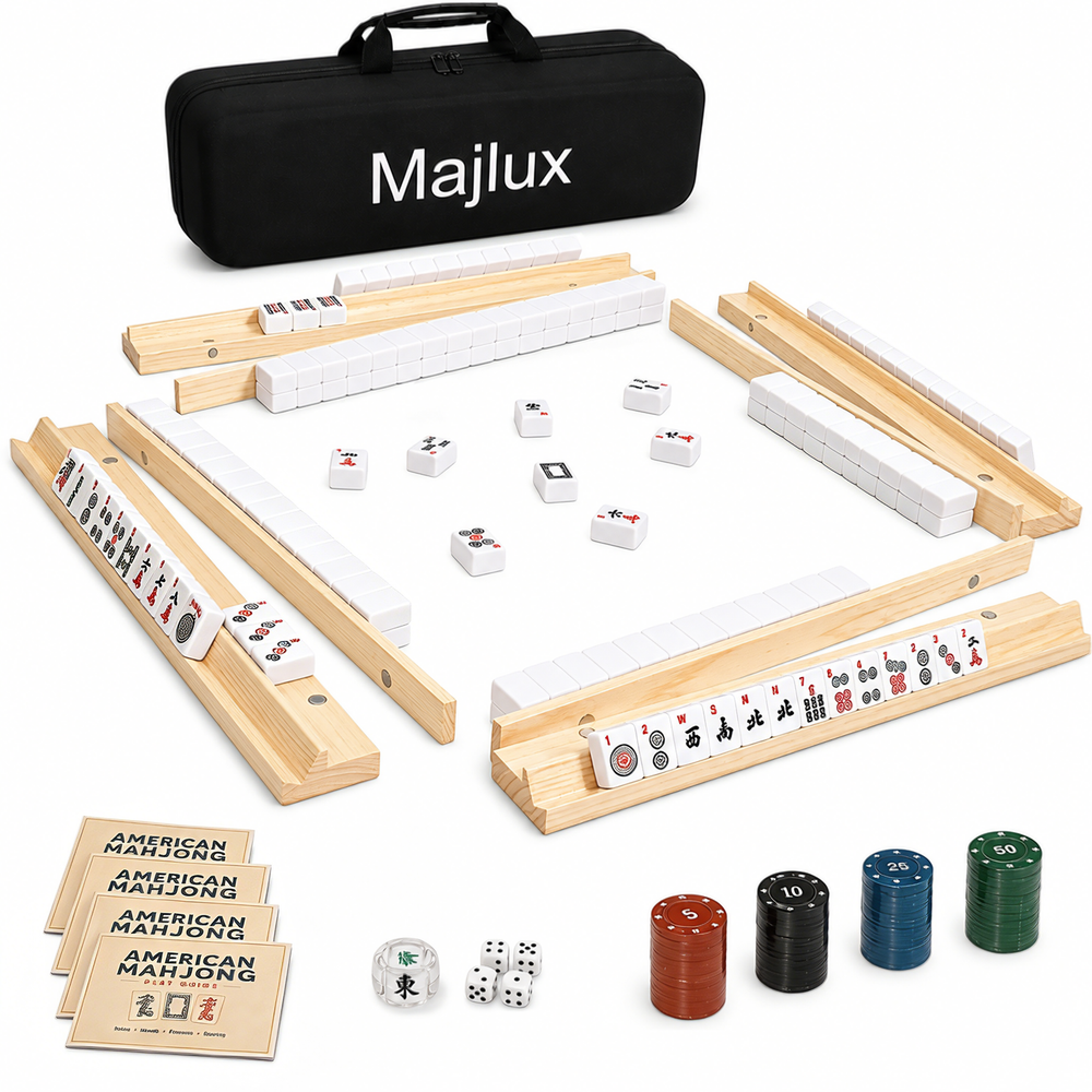 American Mahjong Set with 166 Scratch-Resistant Mahjong Tiles,4 Instruction, Complete Tile Set with 4 Solid Pine Wood Racks & Magnetic Pushers, Portable Carrying Bag & Full Accessories