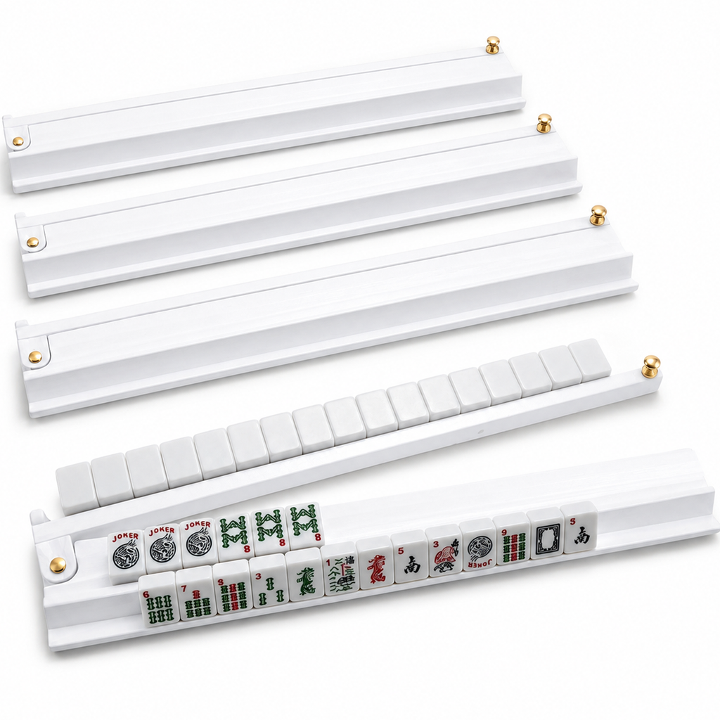 NRZSSN Mahjong Racks with Pushers Set of 4 for American Mahjong, 21 Inch Wooden Tile Holders with Metal Handles and Side Stoppers, Gift for Women, Seniors, Family Game Nights