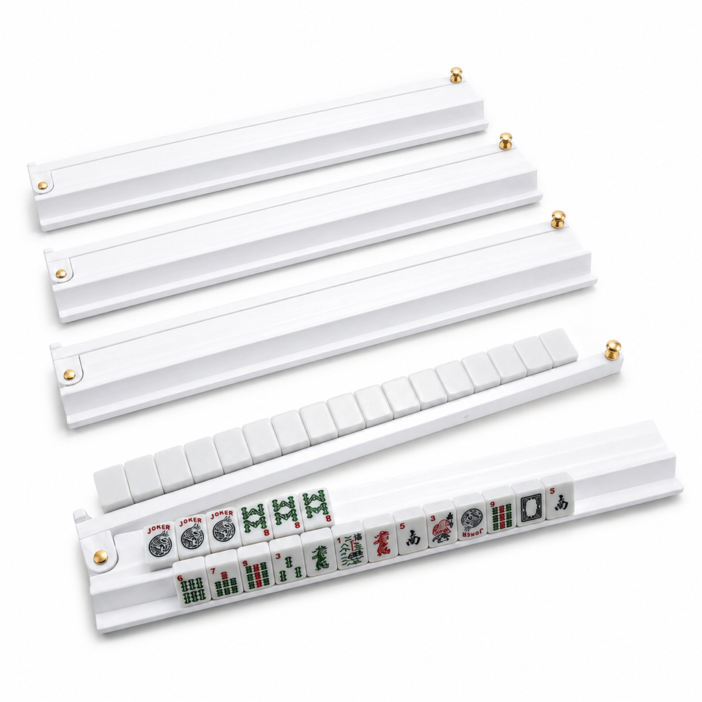 Majlux Mahjong Racks with Pushers Set of 4 for American Mahjong, 17.3 Inch Wooden Tile Holders with Metal Handles and Side Stoppers, Gift for Women, Seniors, Family Game Nights