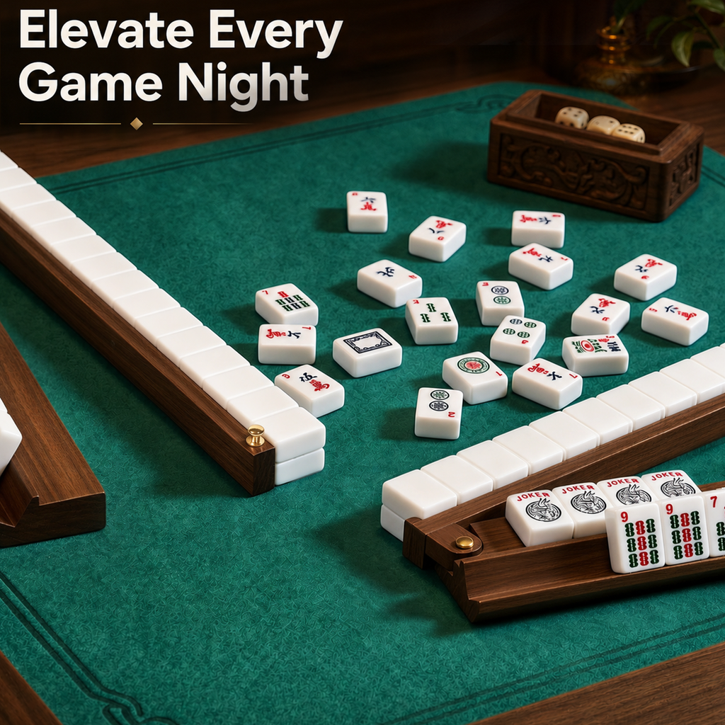 Majlux Mahjong Racks with Pushers Set of 4 for American Mahjong, 17.3 Inch Wooden Tile Holders with Metal Handles and Side Stoppers, Gift for Women, Seniors, Family Game Nights