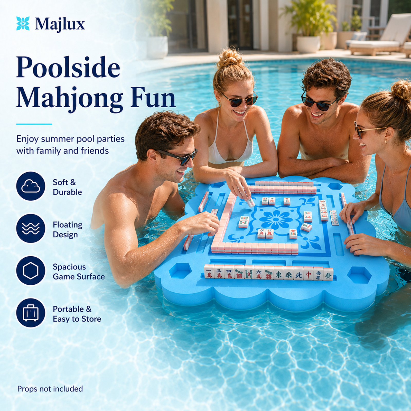 Majlux 31.5 Inch Floating Mahjong Table for Pool,2 Inch Thick Water Table,EVA floating game table with slots for tiles cards phones and cups for pool parties lake days and outdoor gatherings