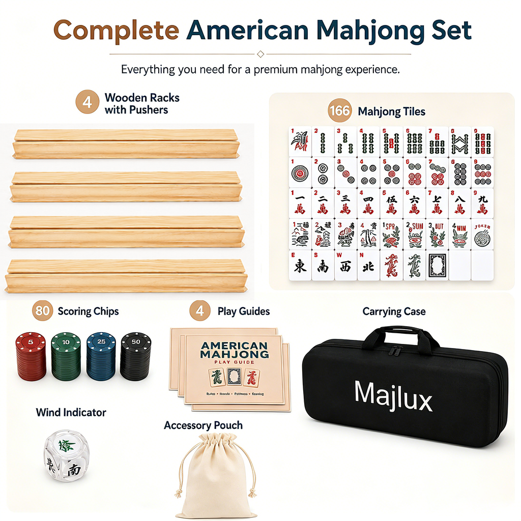 American Mahjong Set with 166 Scratch-Resistant Mahjong Tiles,4 Instruction, Complete Tile Set with 4 Solid Pine Wood Racks & Magnetic Pushers, Portable Carrying Bag & Full Accessories