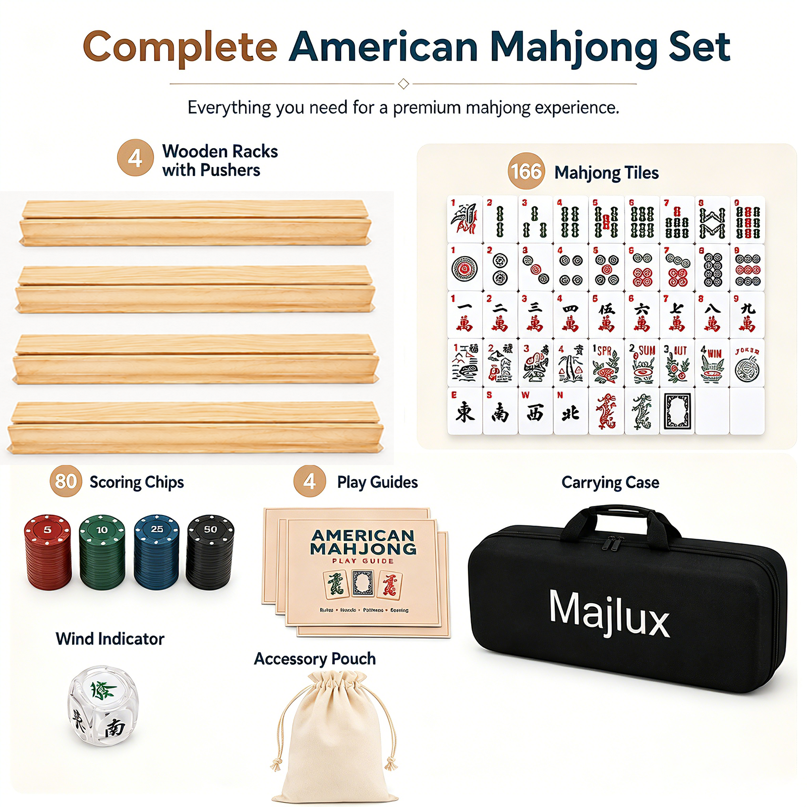 American Mahjong Set with 166 Scratch-Resistant Mahjong Tiles,4 Instruction, Complete Tile Set with 4 Solid Pine Wood Racks & Magnetic Pushers, Portable Carrying Bag & Full Accessories