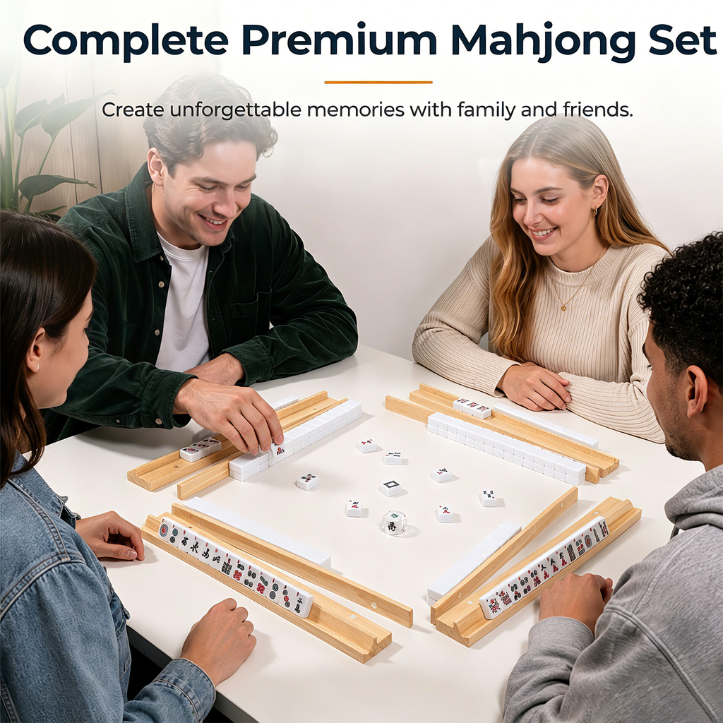 American Mahjong Set with 166 Scratch-Resistant Mahjong Tiles,4 Instruction, Complete Tile Set with 4 Solid Pine Wood Racks & Magnetic Pushers, Portable Carrying Bag & Full Accessories
