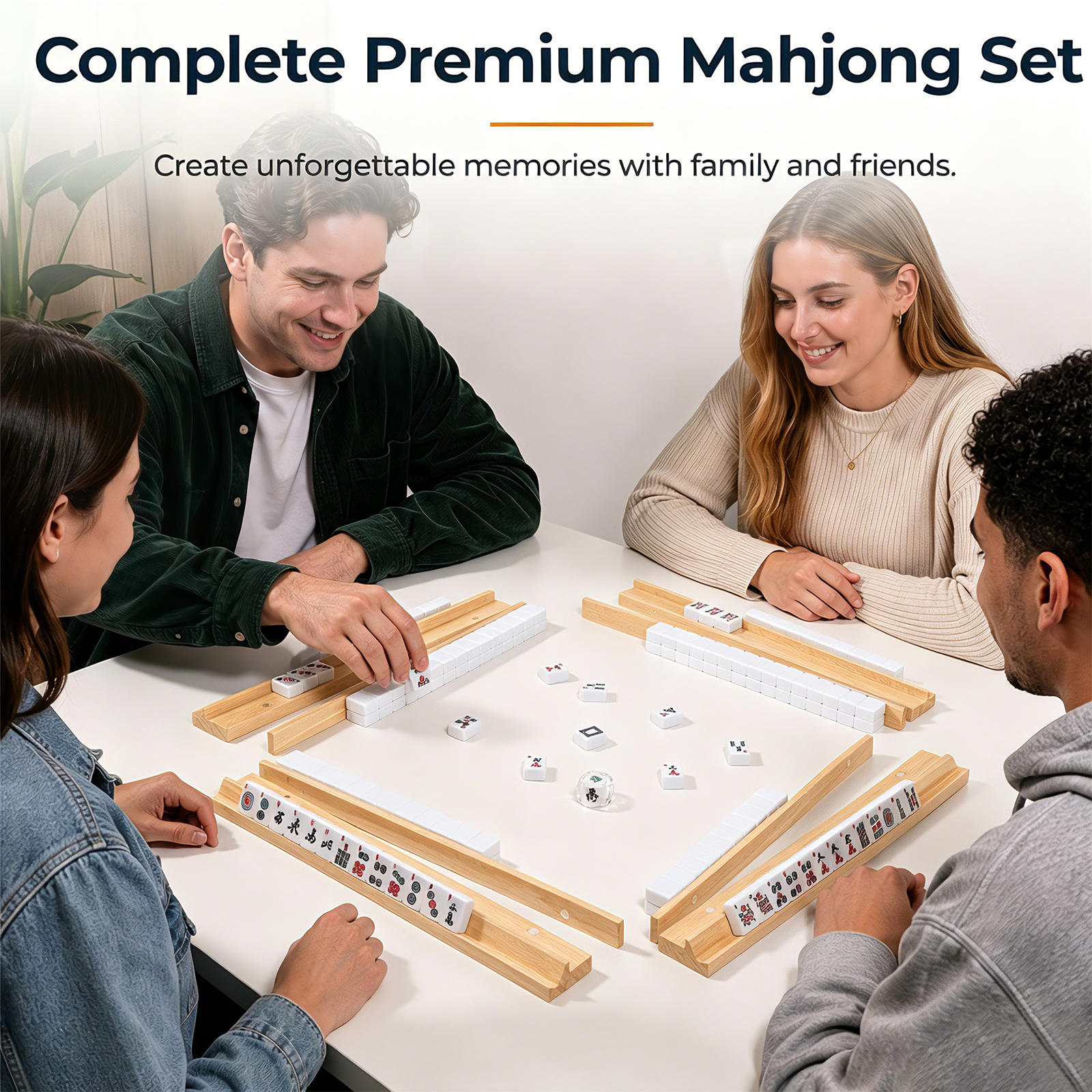 American Mahjong Set with 166 Scratch-Resistant Mahjong Tiles,4 Instruction, Complete Tile Set with 4 Solid Pine Wood Racks & Magnetic Pushers, Portable Carrying Bag & Full Accessories