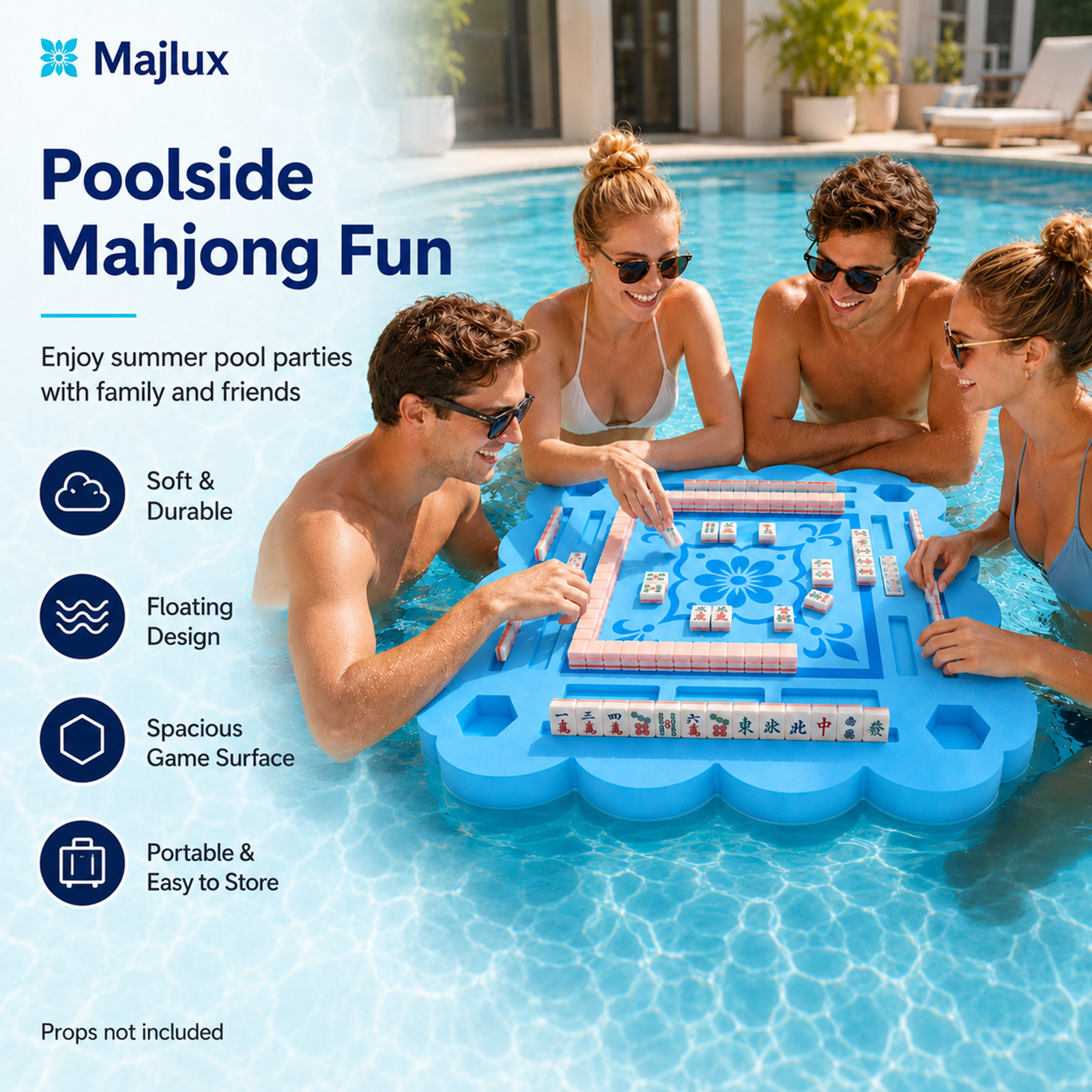 Majlux 31.5 Inch Floating Mahjong Table for Pool,2 Inch Thick Water Table,EVA floating game table with slots for tiles cards phones and cups for pool parties lake days and outdoor gatherings