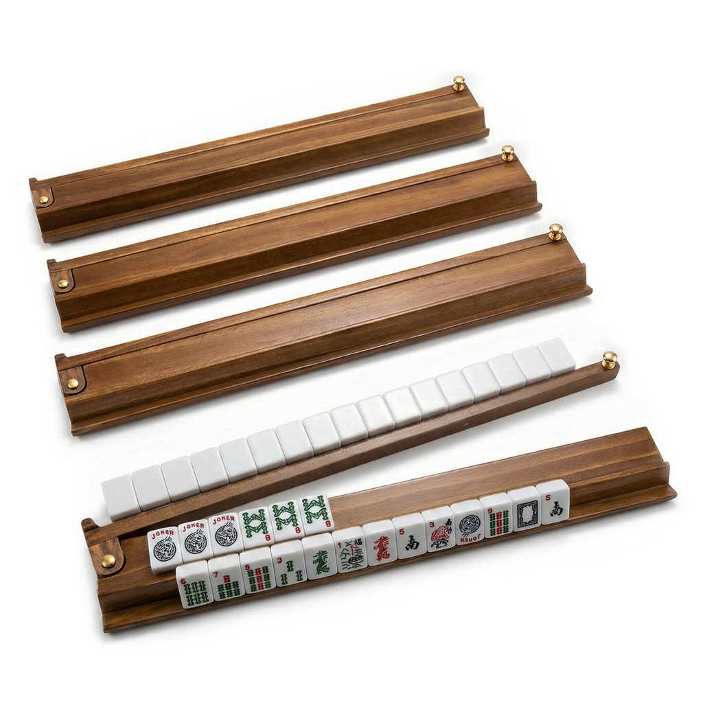 Majlux Mahjong Racks with Pushers Set of 4 for American Mahjong, 17.3 Inch Wooden Tile Holders with Metal Handles and Side Stoppers, Gift for Women, Seniors, Family Game Nights