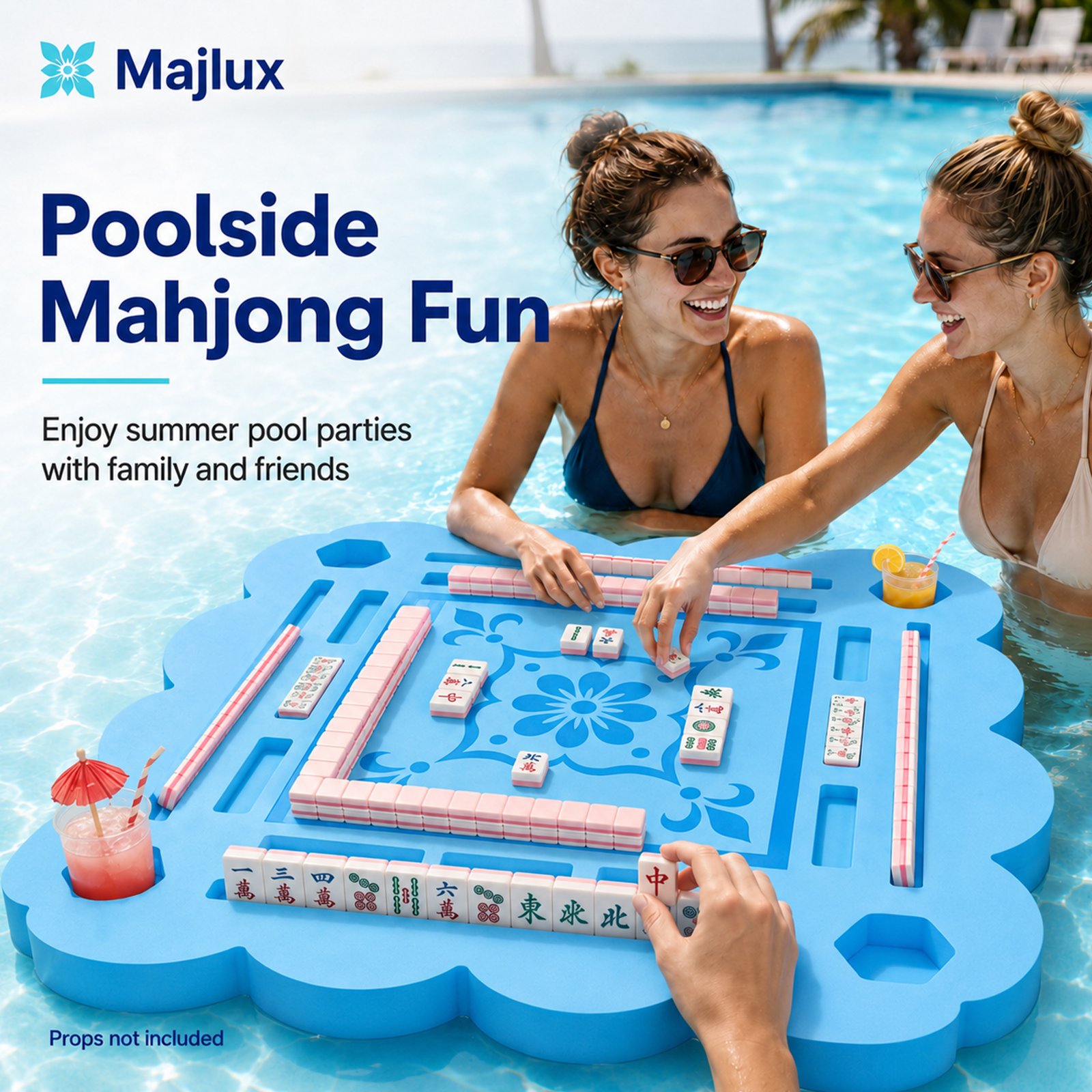 Majlux 39 Inch Floating Mahjong Table for Pool, 2 Inch Thick Water Table,EVA floating game table with slots for tiles cards phones and cups for pool parties lake days and outdoor gatherings