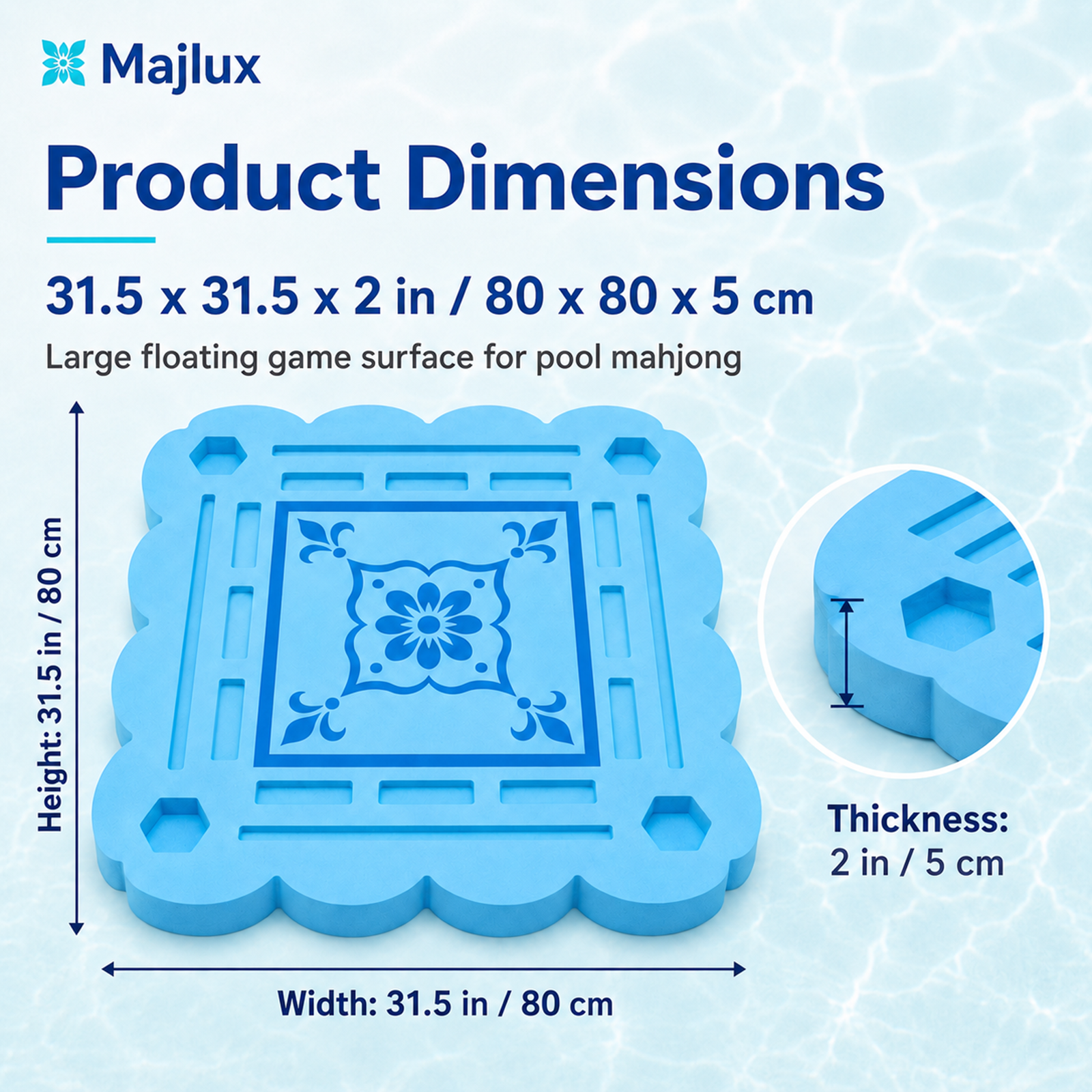 Majlux 31.5 Inch Floating Mahjong Table for Pool,2 Inch Thick Water Table,EVA floating game table with slots for tiles cards phones and cups for pool parties lake days and outdoor gatherings