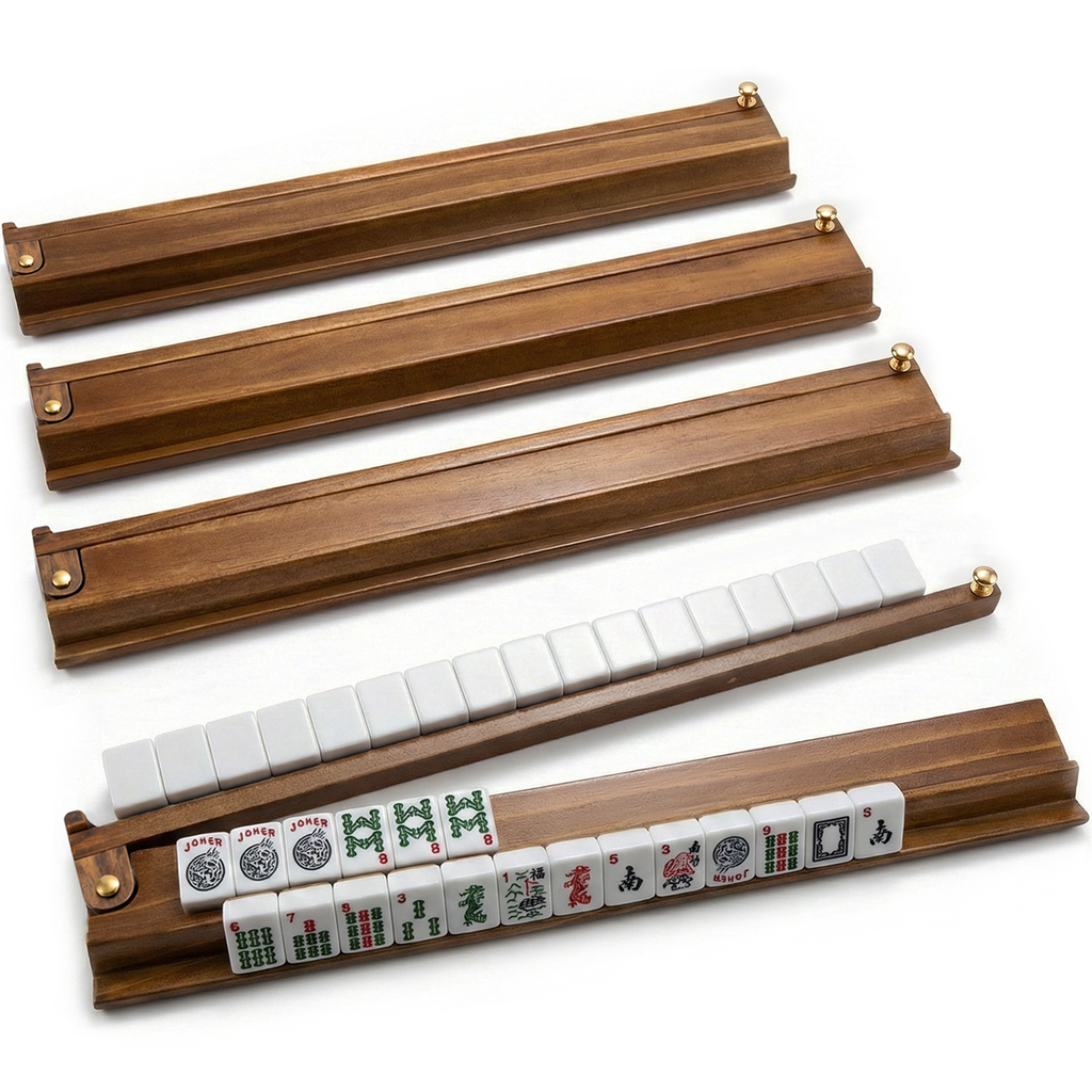 NRZSSN Mahjong Racks with Pushers Set of 4 for American Mahjong, 21 Inch Wooden Tile Holders with Metal Handles and Side Stoppers, Gift for Women, Seniors, Family Game Nights