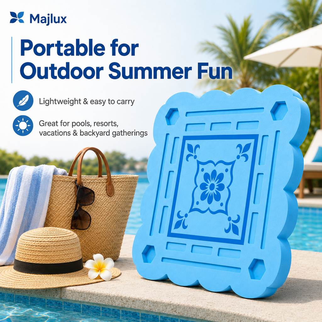 Majlux 31.5 Inch Floating Mahjong Table for Pool,2 Inch Thick Water Table,EVA floating game table with slots for tiles cards phones and cups for pool parties lake days and outdoor gatherings