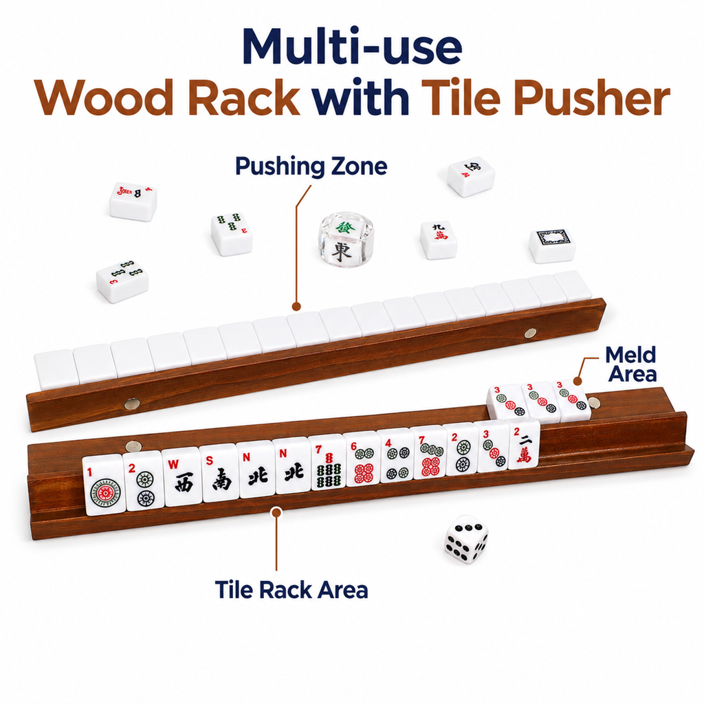 Majlux American Mahjong Set with 166 Scratch-Resistant Mahjong Tiles,4 Instruction, Complete Tile Set with 4 Solid Pine Wood Racks & Magnetic Pushers, Portable Carrying Bag & Full Accessories