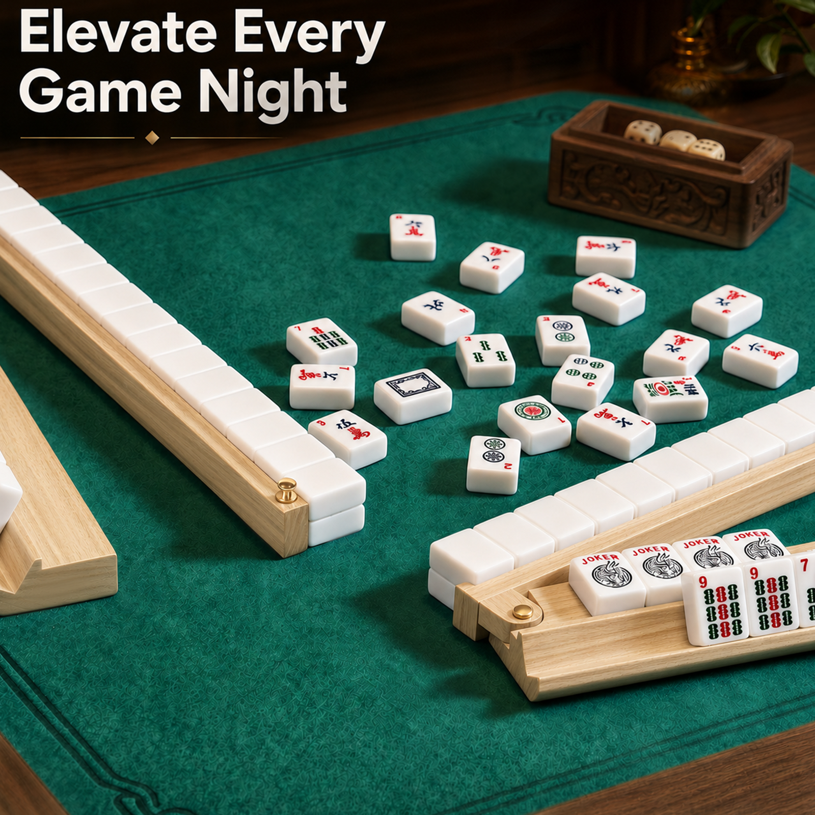 Majlux Mahjong Racks with Pushers Set of 4 for American Mahjong, 17.3 Inch Wooden Tile Holders with Metal Handles and Side Stoppers, Gift for Women, Seniors, Family Game Nights
