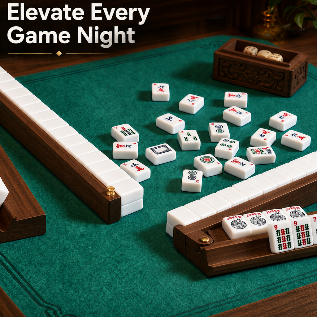 NRZSSN Mahjong Racks with Pushers Set of 4 for American Mahjong, 21 Inch Wooden Tile Holders with Metal Handles and Side Stoppers, Gift for Women, Seniors, Family Game Nights