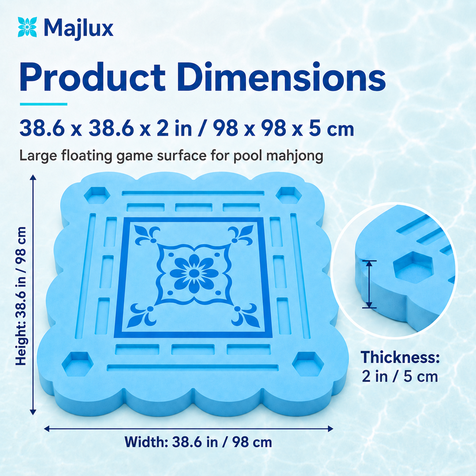 Majlux 39 Inch Floating Mahjong Table for Pool, 2 Inch Thick Water Table,EVA floating game table with slots for tiles cards phones and cups for pool parties lake days and outdoor gatherings