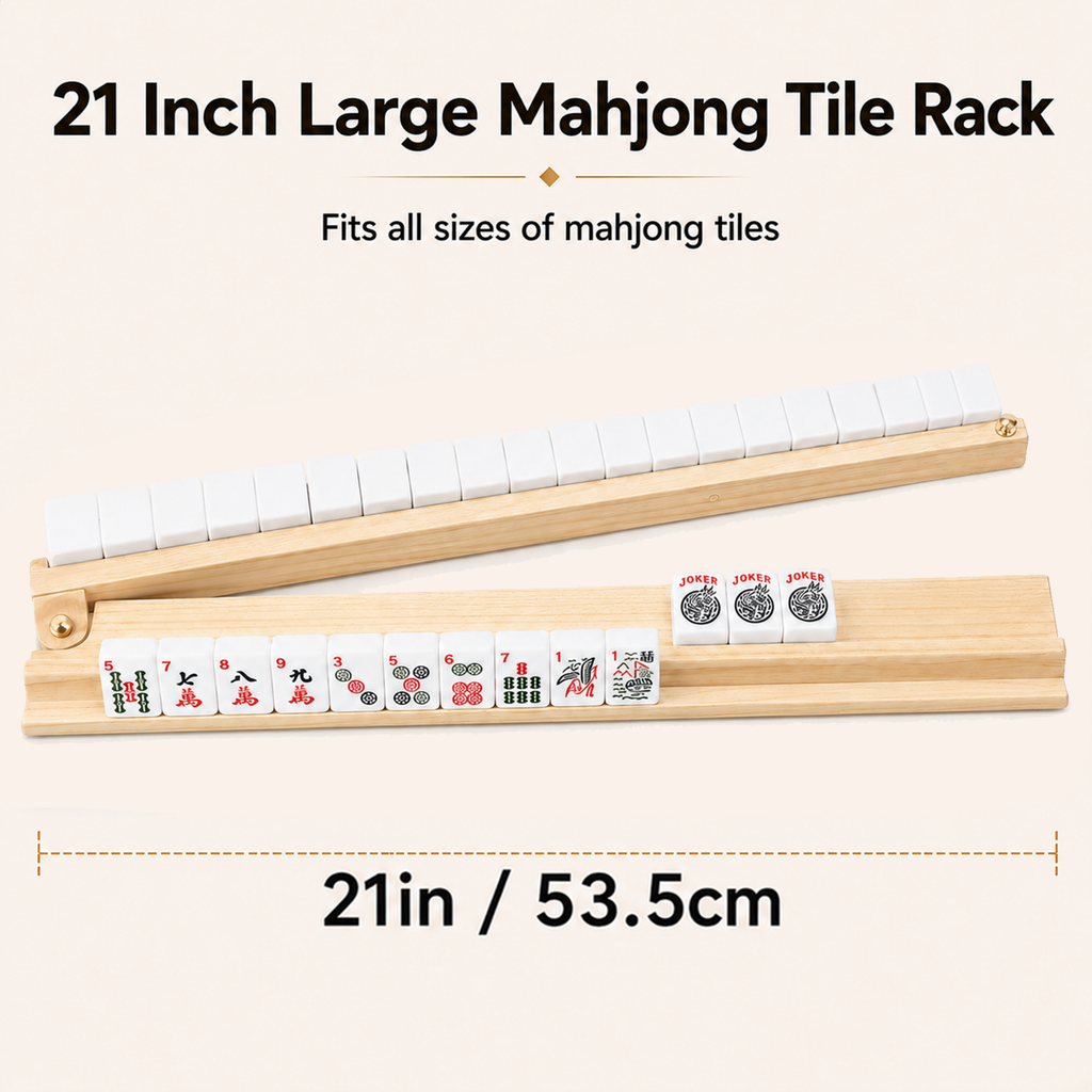 NRZSSN Mahjong Racks with Pushers Set of 4 for American Mahjong, 21 Inch Wooden Tile Holders with Metal Handles and Side Stoppers, Gift for Women, Seniors, Family Game Nights