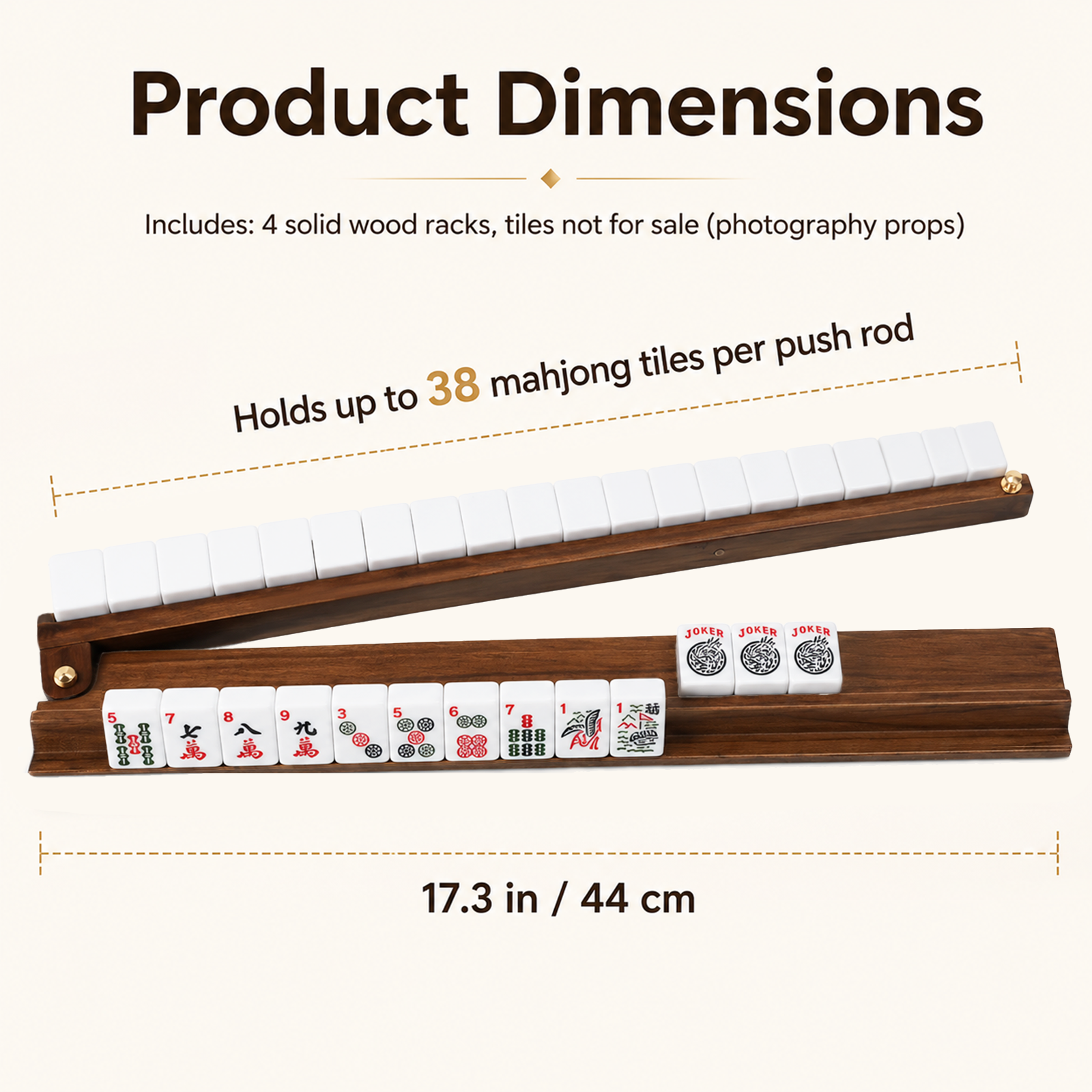 Majlux Mahjong Racks with Pushers Set of 4 for American Mahjong, 17.3 Inch Wooden Tile Holders with Metal Handles and Side Stoppers, Gift for Women, Seniors, Family Game Nights