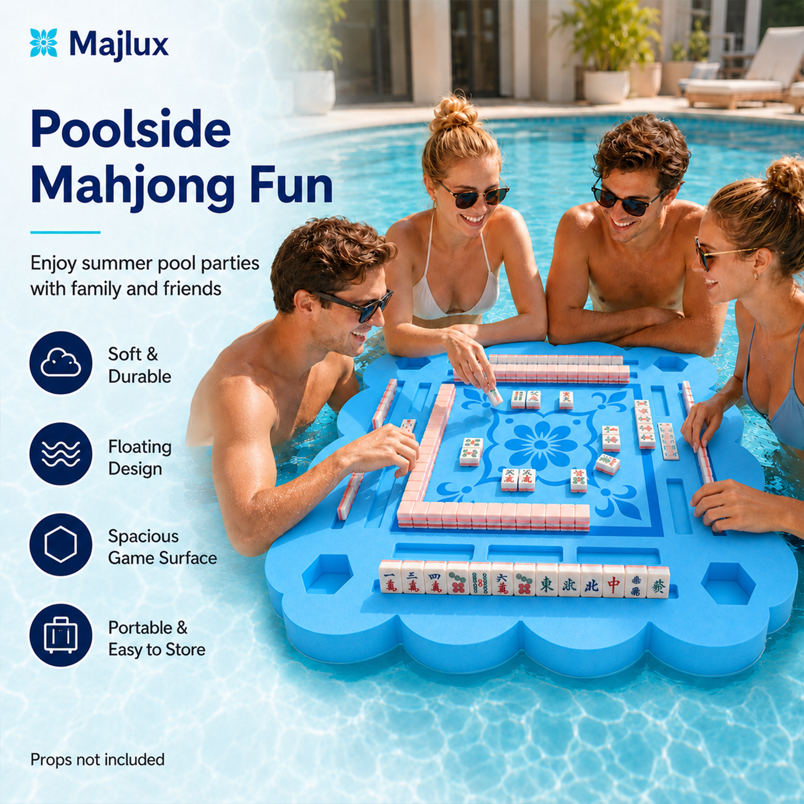 Majlux 39 Inch Floating Mahjong Table for Pool, 2 Inch Thick Water Table,EVA floating game table with slots for tiles cards phones and cups for pool parties lake days and outdoor gatherings