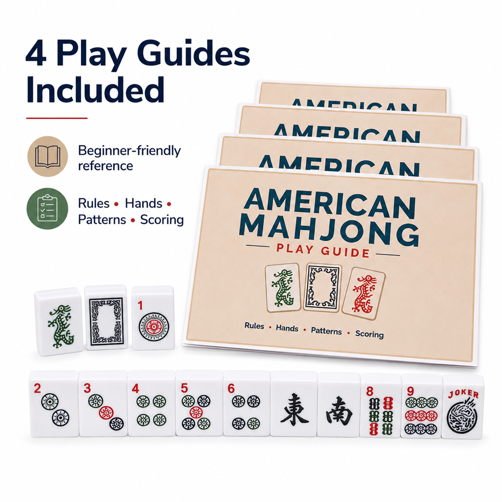 Majlux American Mahjong Set with 166 Scratch-Resistant Mahjong Tiles,4 Instruction, Complete Tile Set with 4 Solid Pine Wood Racks & Magnetic Pushers, Portable Carrying Bag & Full Accessories