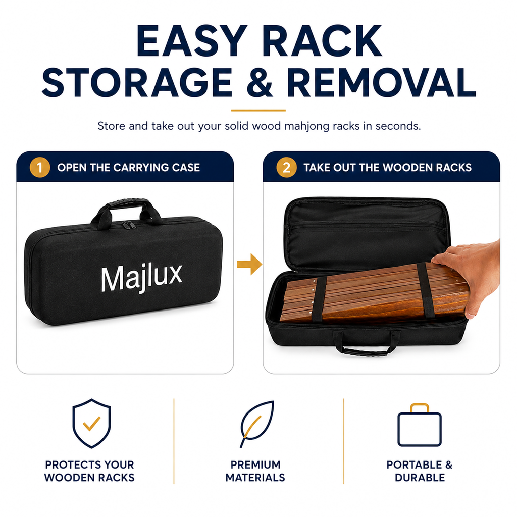Majlux American Mahjong Set with 166 Scratch-Resistant Mahjong Tiles,4 Instruction, Complete Tile Set with 4 Solid Pine Wood Racks & Magnetic Pushers, Portable Carrying Bag & Full Accessories